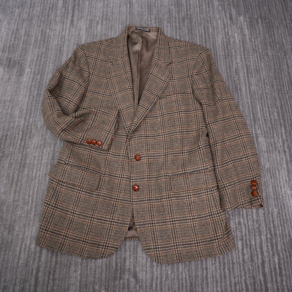 Stanley Blacker Sport Coat Mens 43R Brown Excellent Wool Plaid Blazer